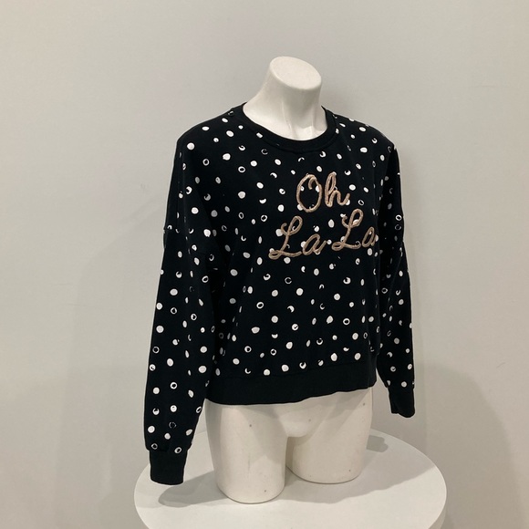 BETSEY JOHNSON Black White Polka Dot “Oh La La” Gold embroidery Sweatshirt M - Picture 8 of 17